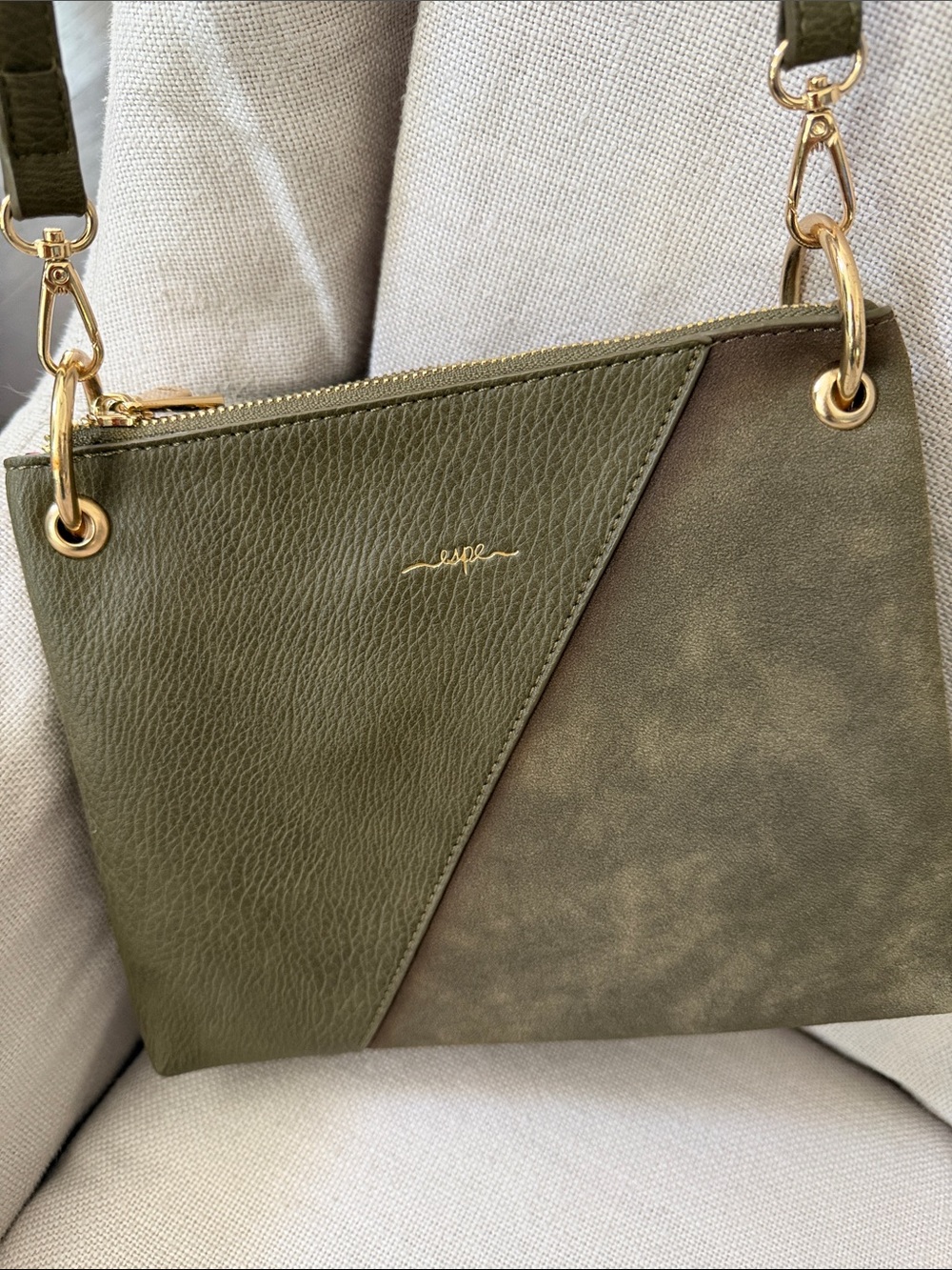 Olive Green Two-Tone Crossbody Bag with Gold Accents